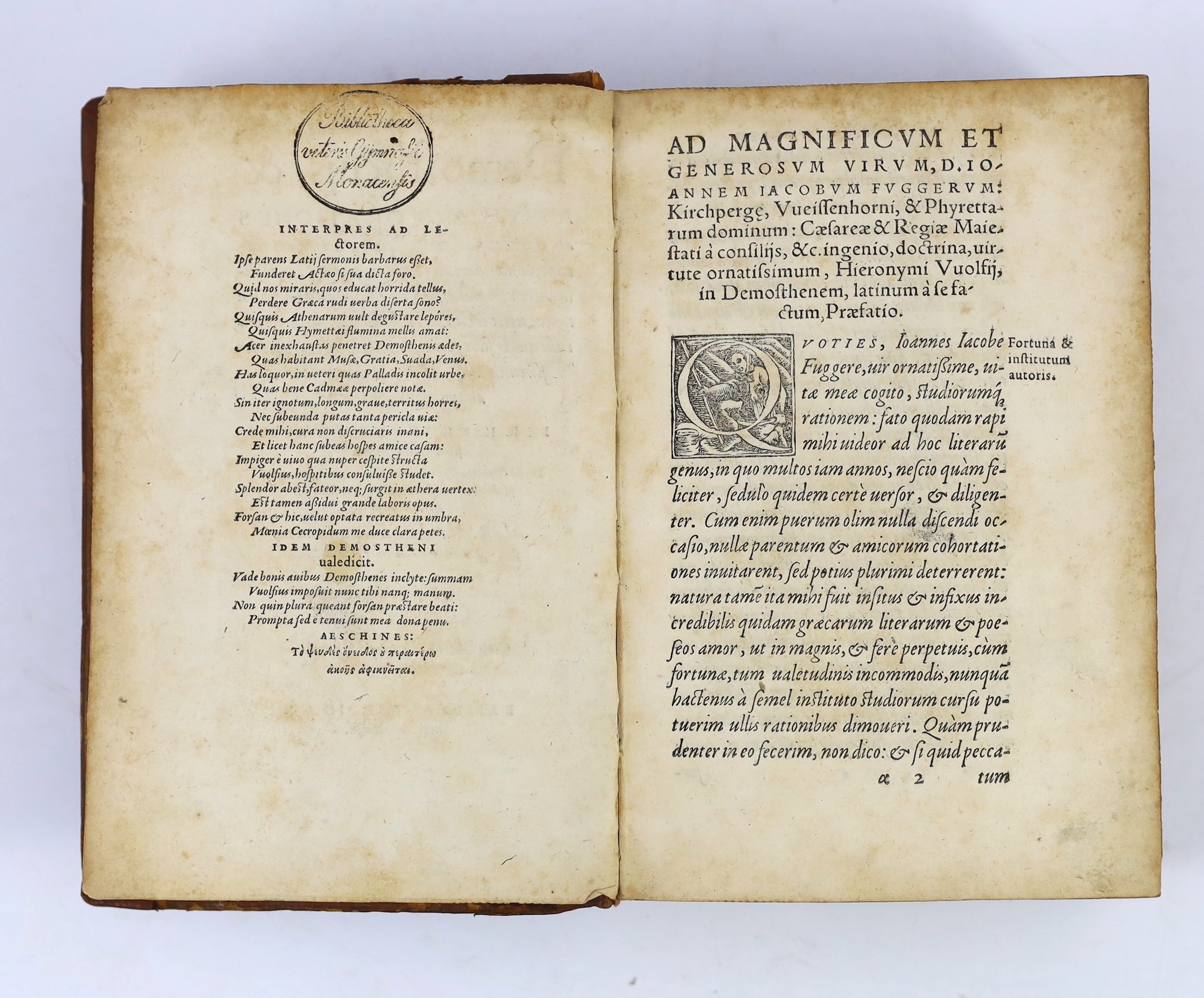 Demosthenes - Demosthenis and Aeschinis Orationes atq Epistolae....(translated by Hieronymus Wolf). vols. I and II (ex4), bound together, historiated and decorated initial letters; (48), 347pp., cols 348-513, 514-523pp.